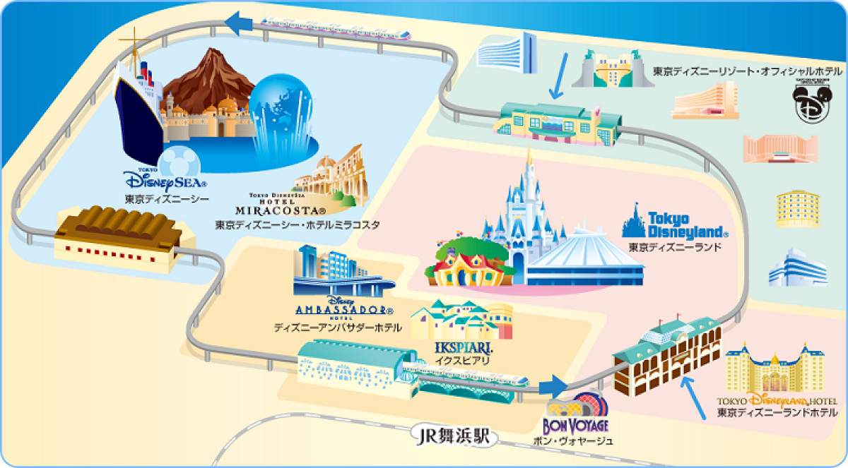モノレールはイクスピアリやディズニーランド、シーを囲むように走行し