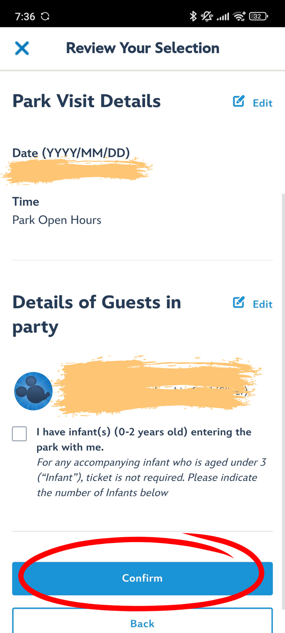 香港ディズニー入園予約：確認画面です。チケットと日付を確認してConfirm！
