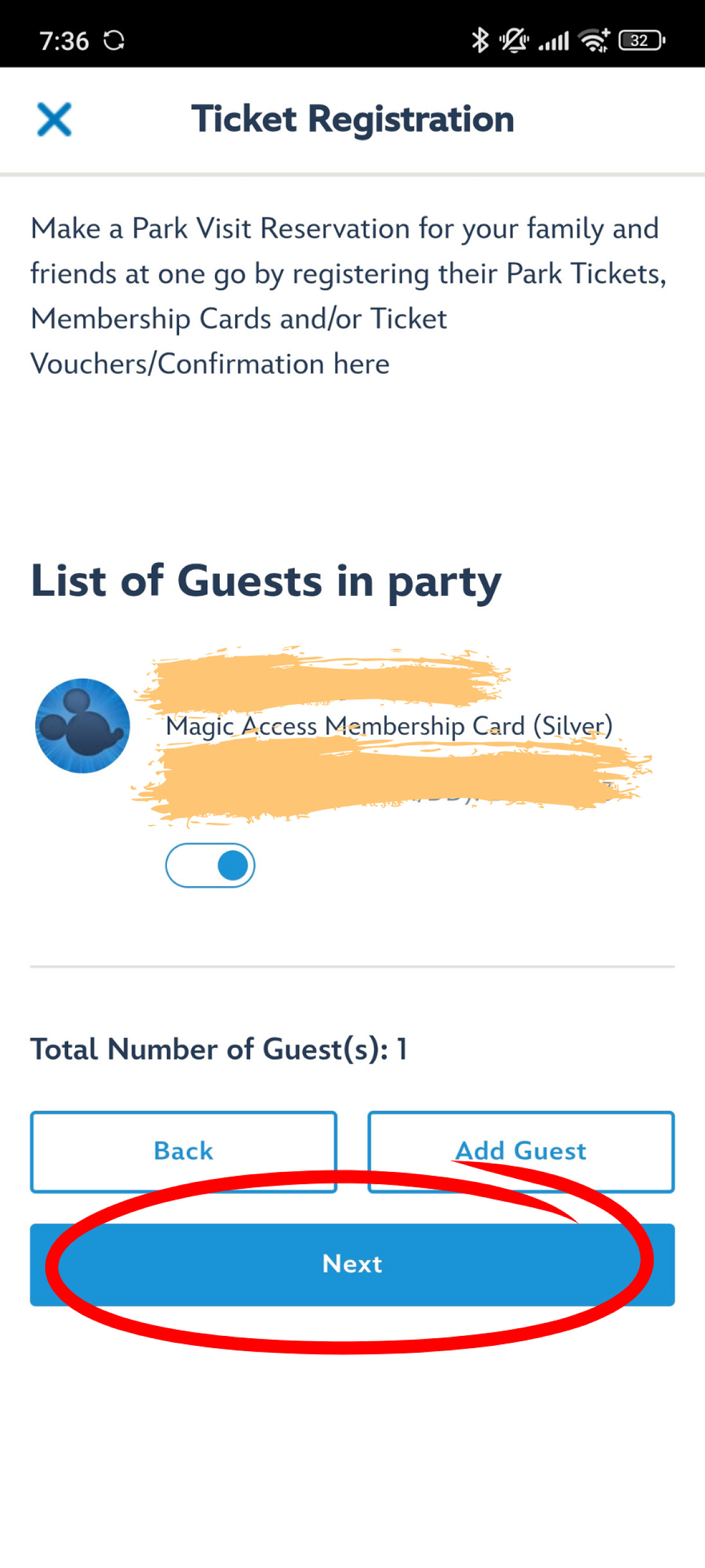 香港ディズニー入園予約：リンクされているチケットを確認し、Next！
