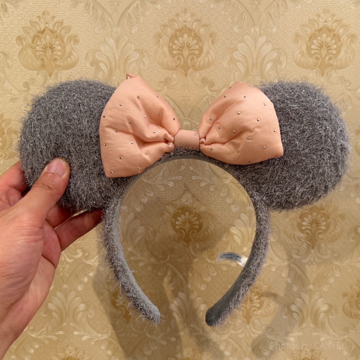 ミニーリボンモヘアカチューシャ（グレー×ピンク）