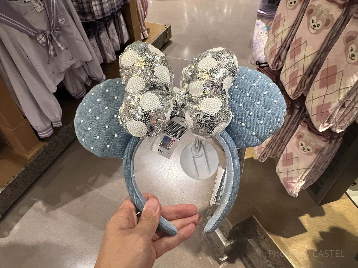上海ディズニーカチューシャ：シルバーリボン×青布生地ミニー