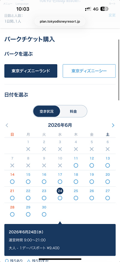 ディズニーチケット購入時の画面