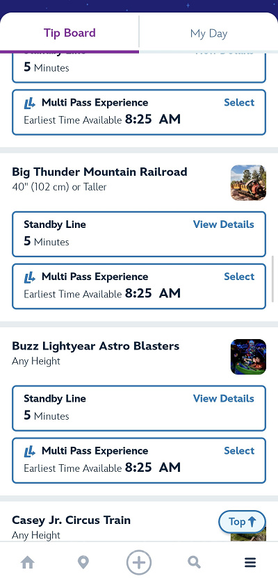 カリフォルニアアナハイムディズニー：ライトニングレーンの一覧画面