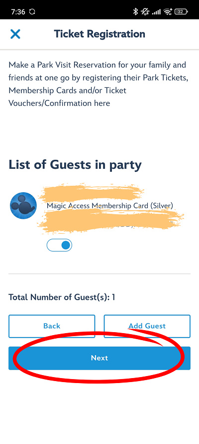 香港ディズニー入園予約：リンクされているチケットを確認し、Next！