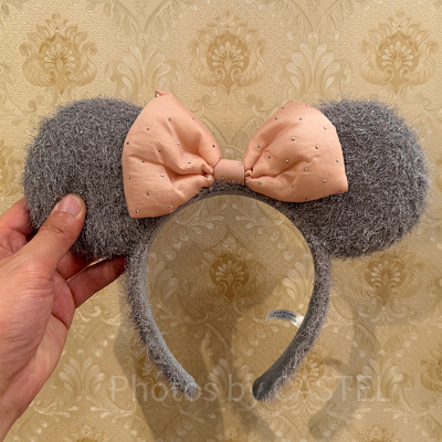 ミニーリボンモヘアカチューシャ（グレー×ピンク）