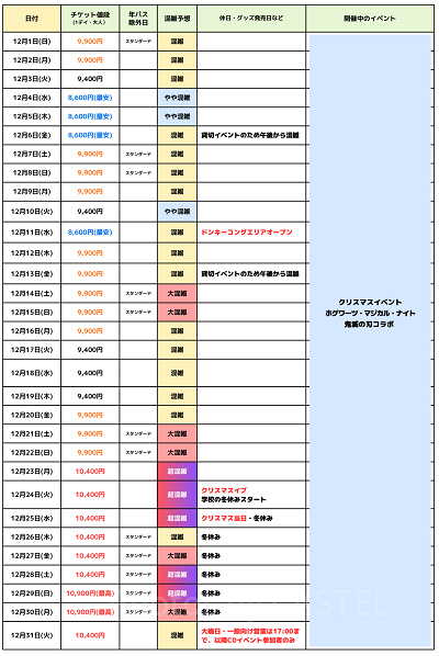 2024年12月USJ混雑予想カレンダー
