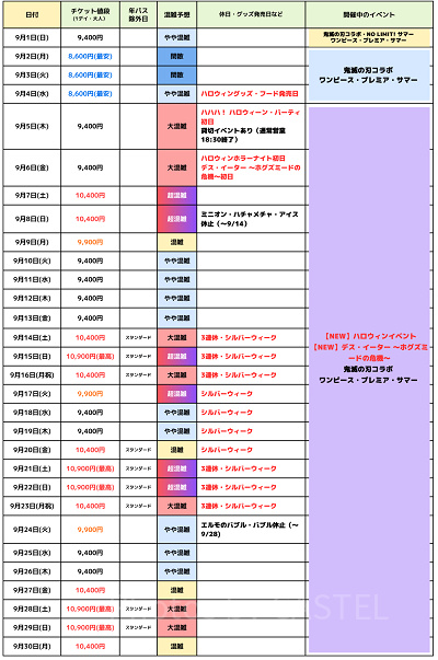 2024年9月USJ混雑予想カレンダー