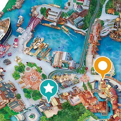 ブロードウェイ・ミュージックシアター(上図青★)