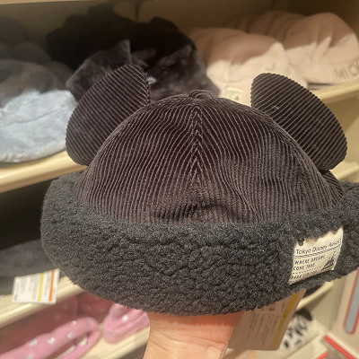 コーデュロイ&ボア耳付きキャップ（黒）