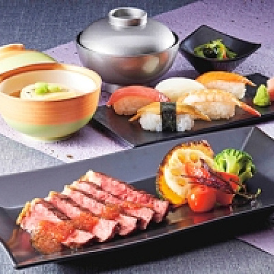 「SAIDO」牛ステーキと握り寿司御膳