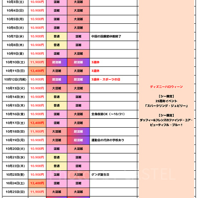 2026年10月のディズニー混雑予想カレンダー