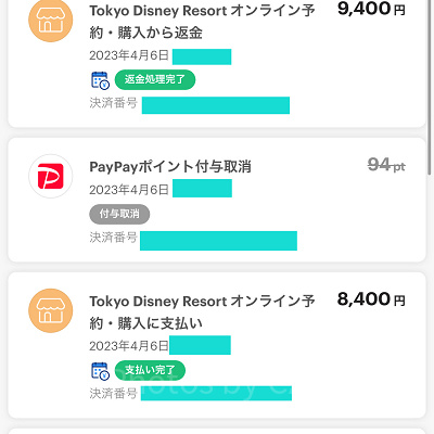 ディズニーチケットの精算プロセス（Payayの取引履歴の画面）