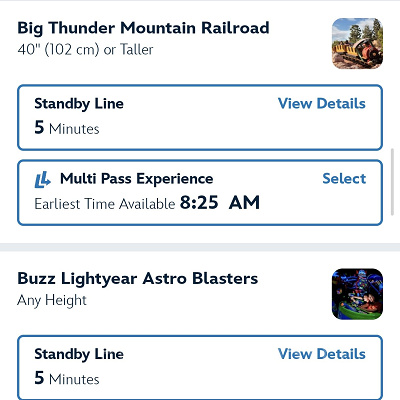 カリフォルニアアナハイムディズニー：ライトニングレーンの一覧画面