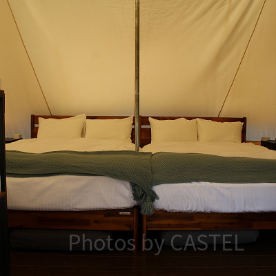 どのテントにもセミダブルのベッドが2つ設置されています