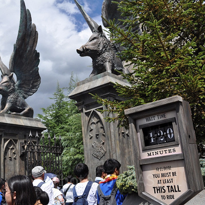 USJのホグワーツ城入り口とフォービドゥン・ジャーニーの待ち時間を表示する看板