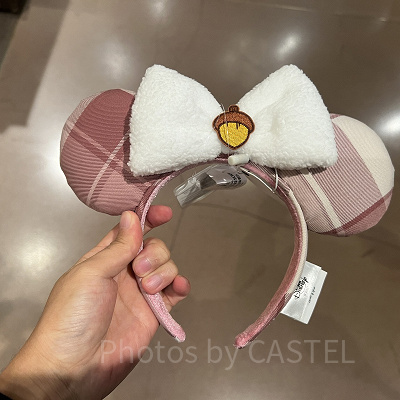 上海ディズニーカチューシャ：ブラウンチェック柄どんぐりミニーカチューシャ