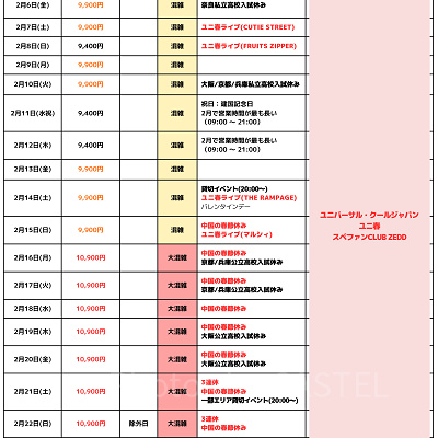 2026年2月USJ混雑予想カレンダー