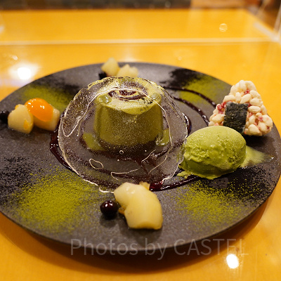 USJ×呪術廻戦コラボレストラン＆フード：しゃけ！ツナマヨ！こんぶ！（抹茶のデザート 金柑添え）