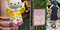 「きゃらぐりスポット」で遭遇した、キティの双子の妹・ミミィ(左)、「きゃらぐりスポット」の目印看板| キャステル | CASTEL ディズニー情報